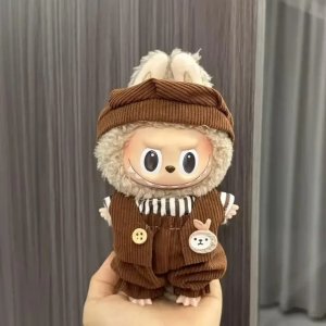 Labubu Vintage Bruine Corduroy Outfit – Knoppen & Strepen Editie met Konijnenpatch